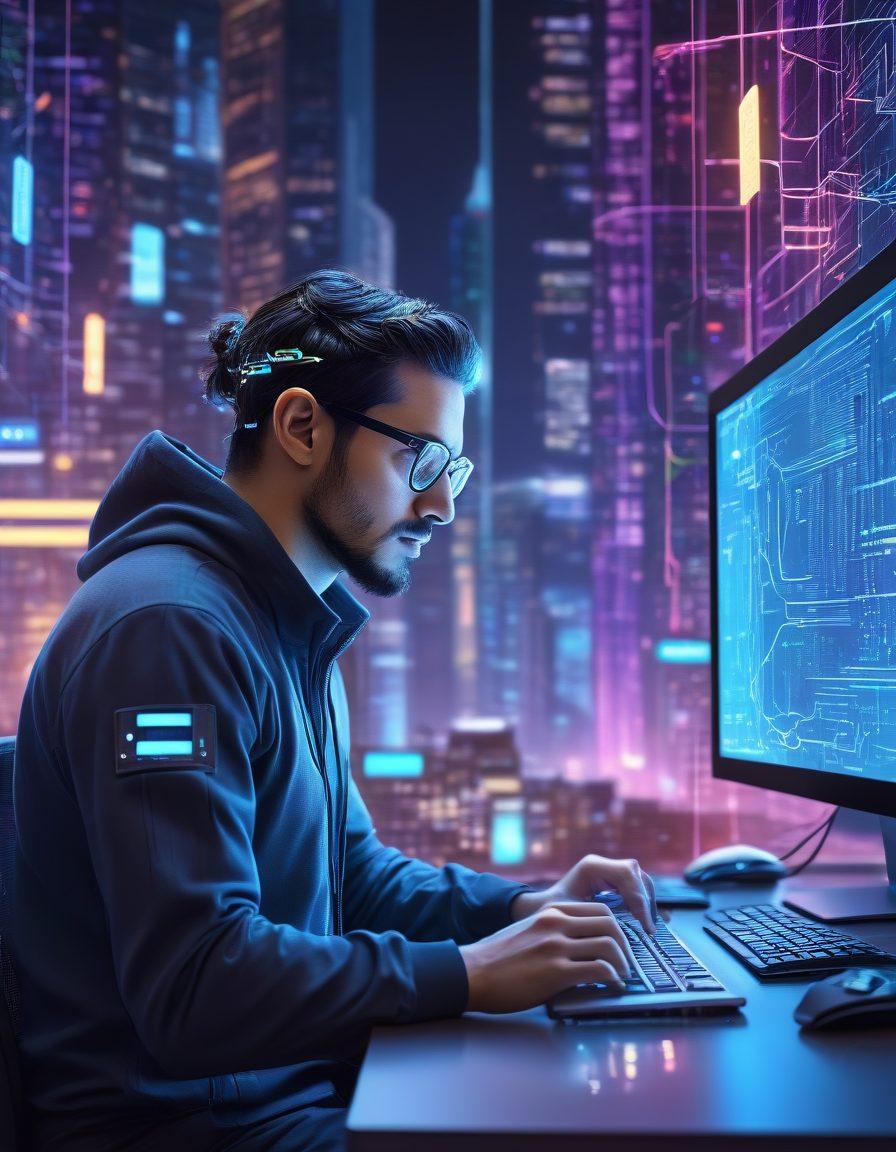 A dynamic scene showcasing a full-stack developer at a futuristic workstation, surrounded by code snippets and interconnected technology icons representing front-end and back-end services. The background features a vibrant cityscape of web servers and glowing data networks. The developer is depicted in mid-action, typing furiously, with virtual screens floating around. super-realistic. vibrant colors. 3D.