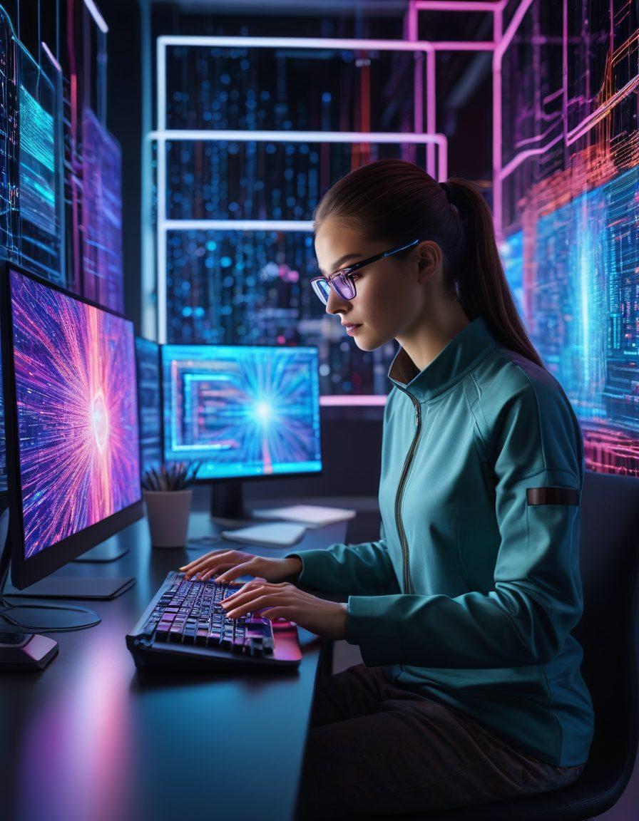 Futuristic coder weaving colorful threads of code into a vibrant digital tapestry with holographic screens and sleek web interfaces in the background. modern workspace with mixed reality elements. vibrant colors. super-realistic.