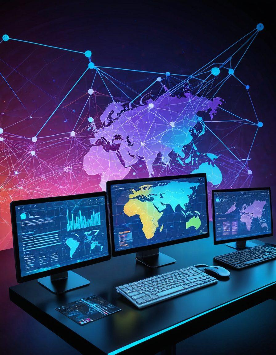 A futuristic computer network with interconnected nodes, showing a smooth transition from domain registration to SEO. The image features elements like a domain name search bar, SEO analytics charts, and a web developer working on code. The background has digital world map and holographic elements representing the modern internet. super-realistic. vibrant colors. 3D.
